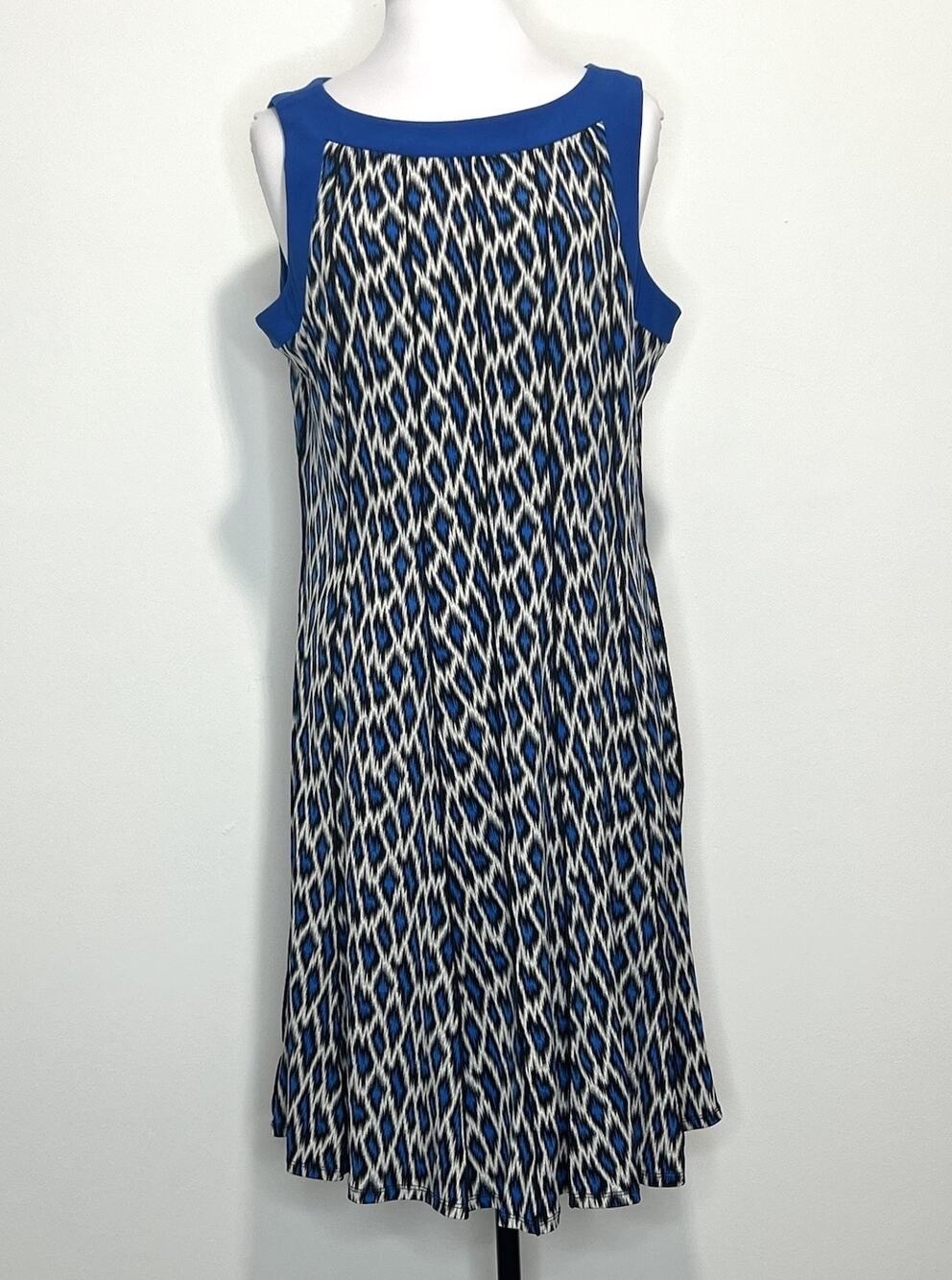 Perceptions NY Dress Size 16 Blue Black Stretch Knit Sleeveless Flowy A-Line EUC
